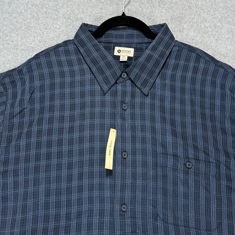 Haggar Button Up Shirt Mens XXL Vintage Indigo Plaid Classic Office Wear